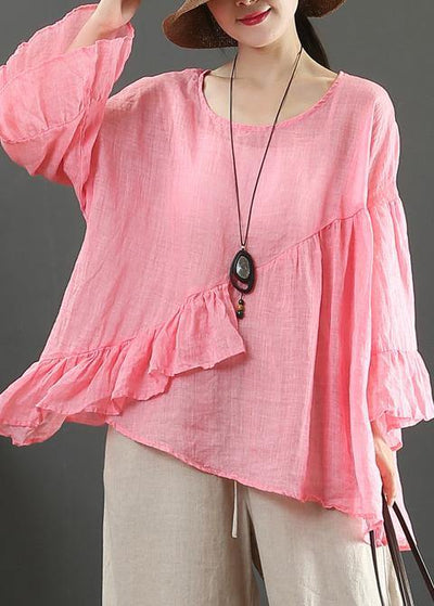 Art pink linen tops o neck Ruffles silhouette summer blouses - SooLinen