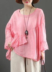 Art pink linen tops o neck Ruffles silhouette summer blouses - SooLinen