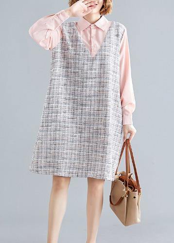 Art pink patchwork Plaid linen clothes For Women long sleeve false two pieces shift fall Dress - SooLinen