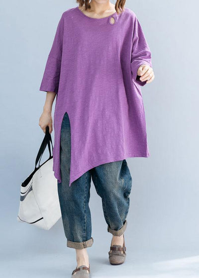 Art purple o neck cotton box top asymmetric hem Plus Size Clothing summer top - SooLinen
