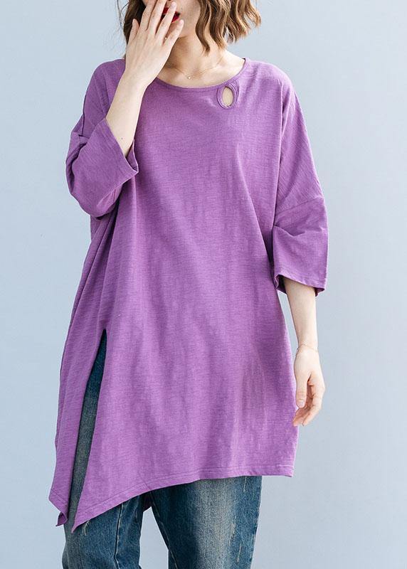 Art purple o neck cotton box top asymmetric hem Plus Size Clothing summer top - SooLinen