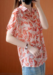 Art red Plant printing Blouse lapel silhouette summer shirts - SooLinen
