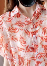 Art red Plant printing Blouse lapel silhouette summer shirts - SooLinen