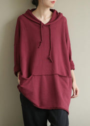 Art red blouses for women hooded drawstring oversized fall top - SooLinen