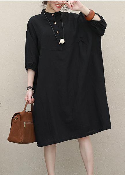 Art stand collar Batwing Sleeve linen summer outfit Photography black Dress - SooLinen