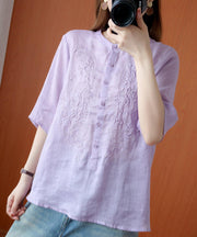 Art stand collar embroidery shirts Tunic Tops purple blouse - SooLinen