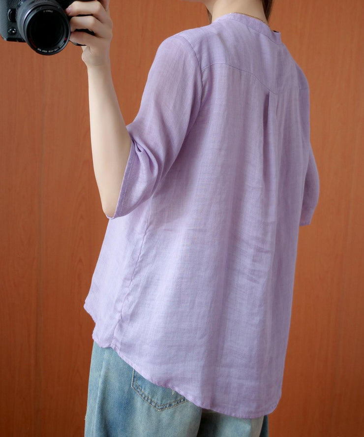 Art stand collar embroidery shirts Tunic Tops purple blouse - SooLinen