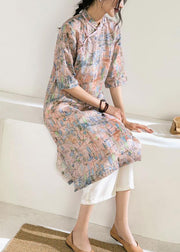 Art stand collar half sleeve linen clothes For Women Work pink print Dress - SooLinen