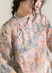 Art stand collar half sleeve linen clothes For Women Work pink print Dress - SooLinen