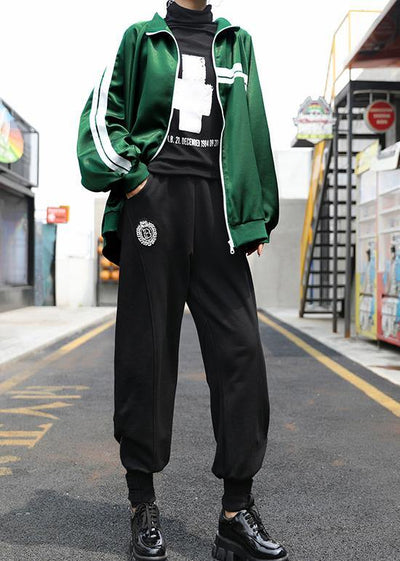 Art stand collar zippered Fine clothes green striped short outwear - SooLinen