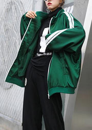 Art stand collar zippered Fine clothes green striped short outwear - SooLinen
