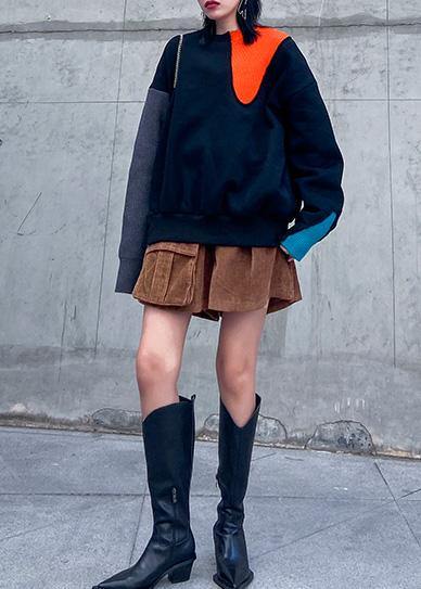 Art thick cotton patchwork color clothes Sewing black tops - SooLinen