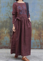 Art tie waist linen embroidery dresses Tunic Tops brown Dress - SooLinen