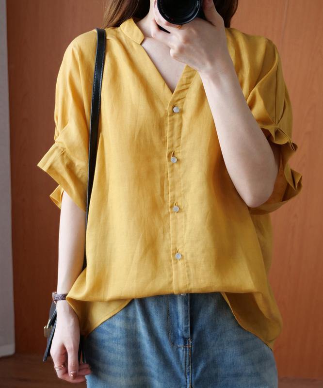 Art v neck Batwing Sleeve summer clothes design yellow blouse - SooLinen
