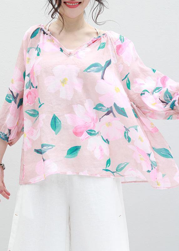 Art v neck linen box top Shirts pink prints blouses summer - SooLinen
