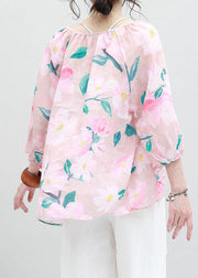 Art v neck linen box top Shirts pink prints blouses summer - SooLinen