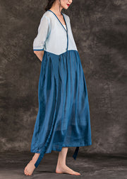 Art V-Ausschnitt Patchwork Leinenkleid Omychic Kleiderschränke blaue Leinenroben Kleid Sommer