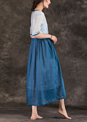 Art v neck patchwork linen dress Omychic Wardrobes blue linen robes Dress Summer