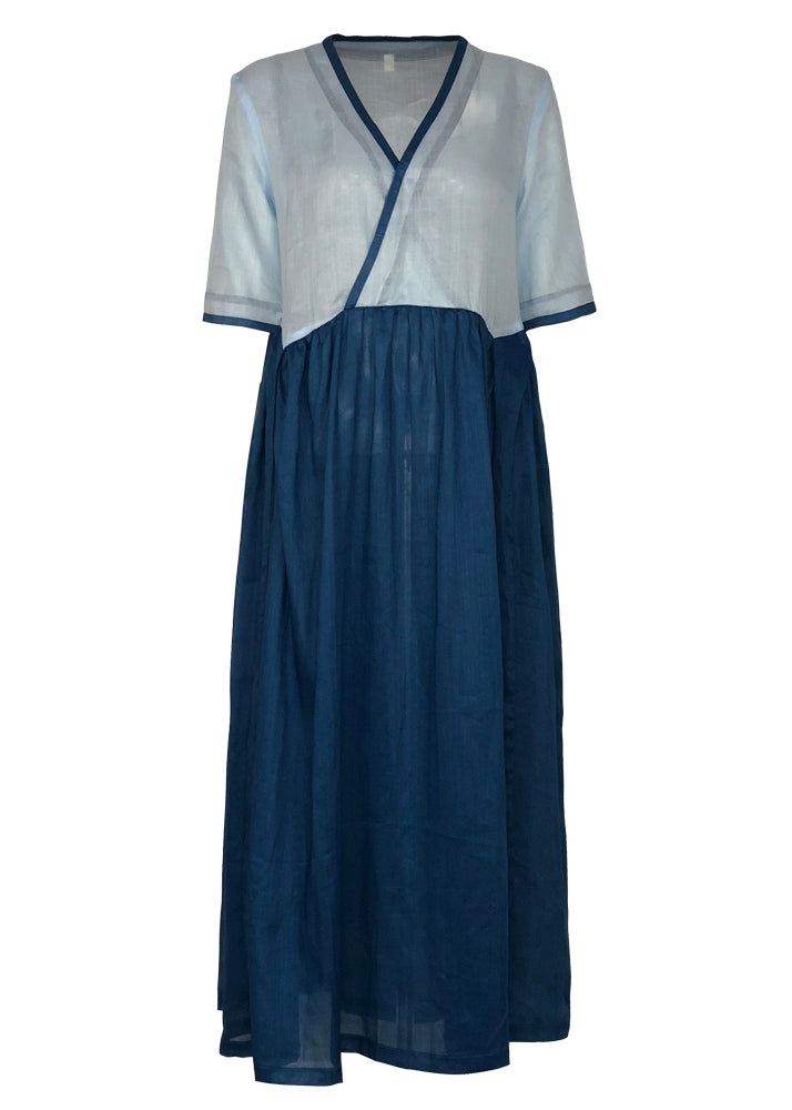 Art V-Ausschnitt Patchwork Leinenkleid Omychic Kleiderschränke blaue Leinenroben Kleid Sommer
