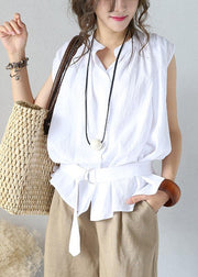 Art white cotton Shirts stand collar sleeveless Dresses summer shirts - SooLinen