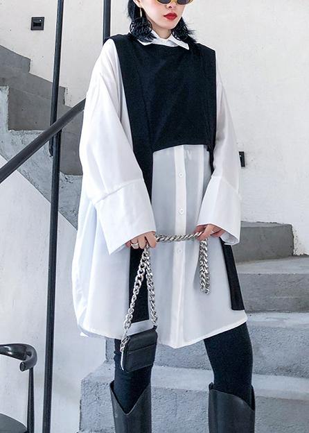 Art white cotton clothes lapel patchwork daily blouse - SooLinen
