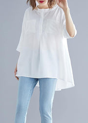 Art White Cotton Top Silhouette Low High Design Midi Summer Half Sleeve Shirt - SooLinen