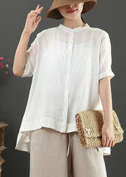 Art white embroidery linen top for women stand collar Midi summer top - SooLinen