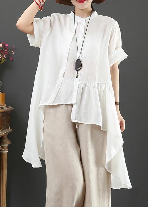 Art white linen clothes pattern stand collar low high design top - SooLinen