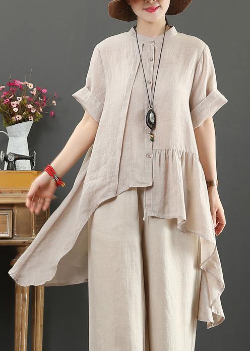 Art white linen clothes pattern stand collar low high design top - SooLinen