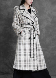 Art white plaid fine trench coat Gifts Notched back side open outwears - SooLinen