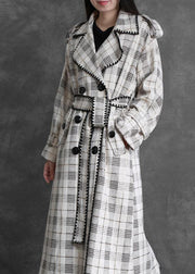 Art white plaid fine trench coat Gifts Notched back side open outwears - SooLinen