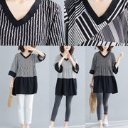 Art white striped chiffon dresses boutique Life patchwork flare sleeve Art Summer Dresses - SooLinen