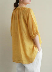 Art yellow embroidery linen tunic top v neck Button Down silhouette summer blouses - SooLinen