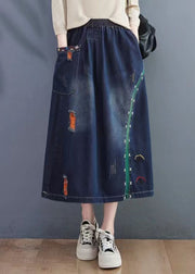 Art Navy Embroidered Hole Summer Denim Skirt