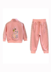 Autumn 2024 New Kids Girls Pink Sport Warm Fleece Two Piece Set