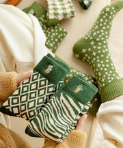 Autumn And Winter Green Embroidered Plant Warm Mid Calf Socks