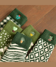 Autumn And Winter Green Embroidered Plant Warm Mid Calf Socks
