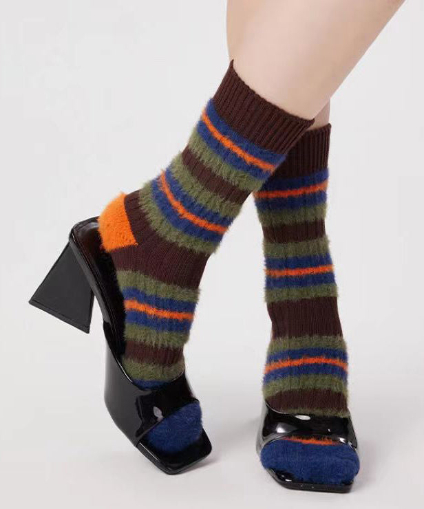 Autumn And Winter Warm Striped Color Blocking Plush Mid Tube Pile Socks