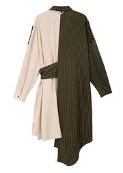 Autumn Asymmetrical Shirt Dress Long Sleeve Striped Sashes Ladies Stylish Robe - SooLinen