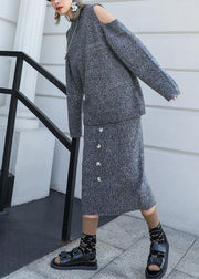 Autumn Knitted Gray Set Women's Two-piece Skirt New Sweater Skirt Set - SooLinen