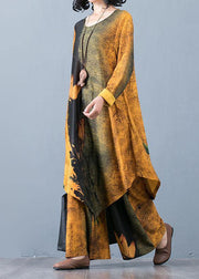 Autumn Knitted Yellow Print Irregular Medium Long Top Loose Wide Leg Pants Two Piece Set - SooLinen