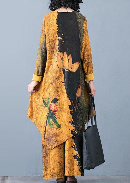 Autumn Knitted Yellow Print Irregular Medium Long Top Loose Wide Leg Pants Two Piece Set - SooLinen