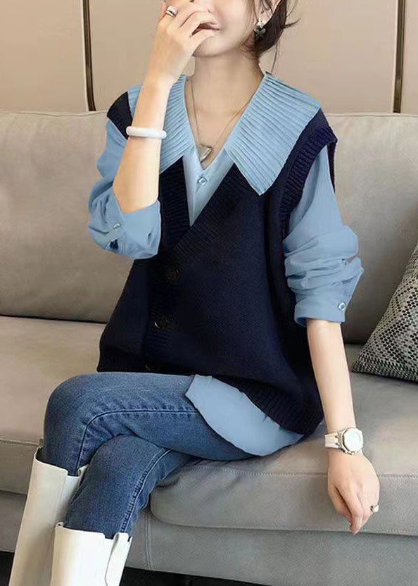Autumn New Shirt Top And Knitted Vest Two Piece Fashion Loose