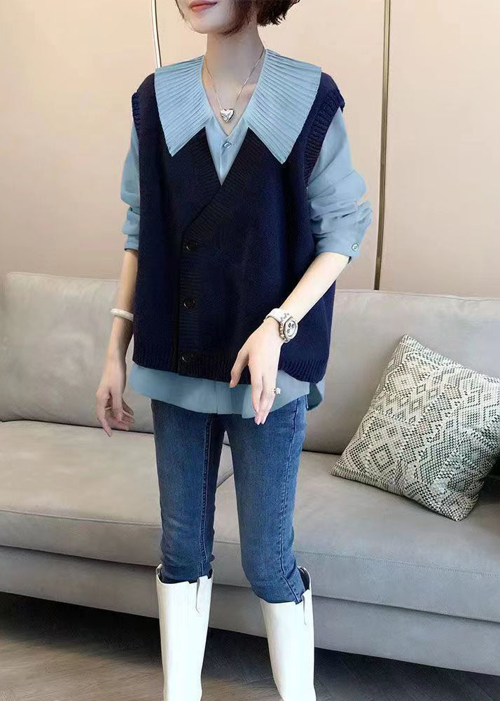 Autumn New Shirt Top And Knitted Vest Two Piece Fashion Loose