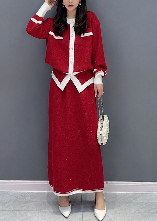 Autumn New Versatile Red Small Fragrant Coat And Skirts Two Piece Set