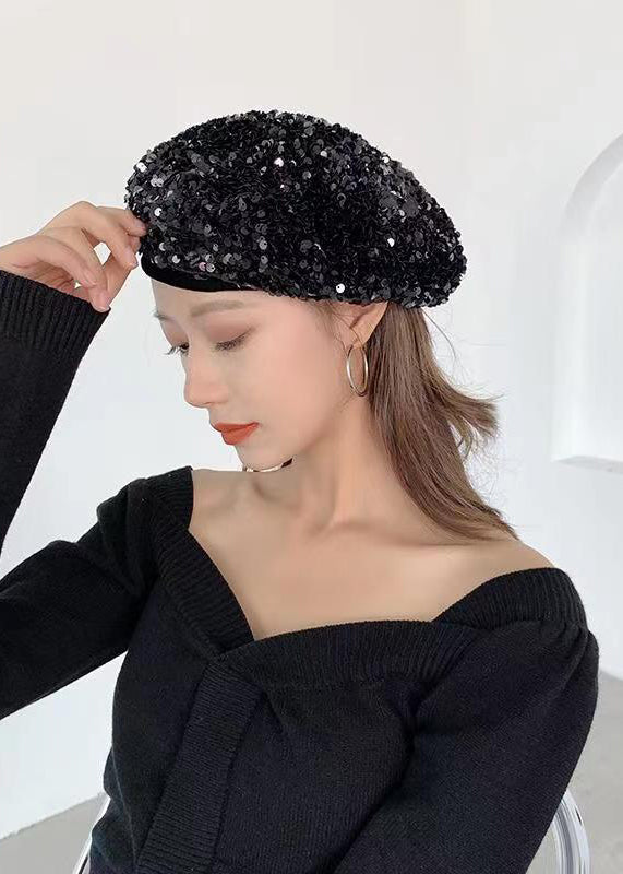 Autumn Winter New Women Black Sequins Beret Hat