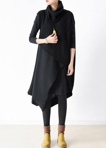 Fall and winter new loose knitted stitching black dress two-piece suit - SooLinen