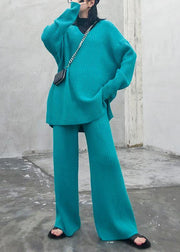 Autumn and winter suit 2021 new women's fashion knitted wide leg pants blue green two piece - SooLinen