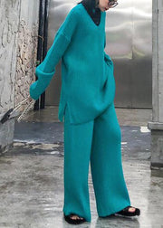 Autumn and winter suit 2021 new women's fashion knitted wide leg pants blue green two piece - SooLinen