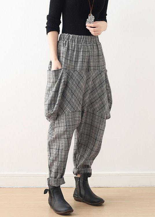 Autumn new retro thick large size warm knitted gray plaid harem bloomers - SooLinen